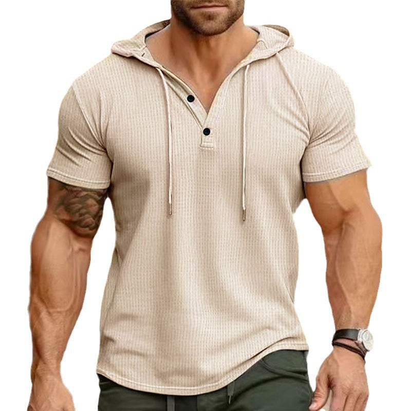 Men's Short Sleeve Hoodie Shirt with Trendy Henley Neck Lisslune