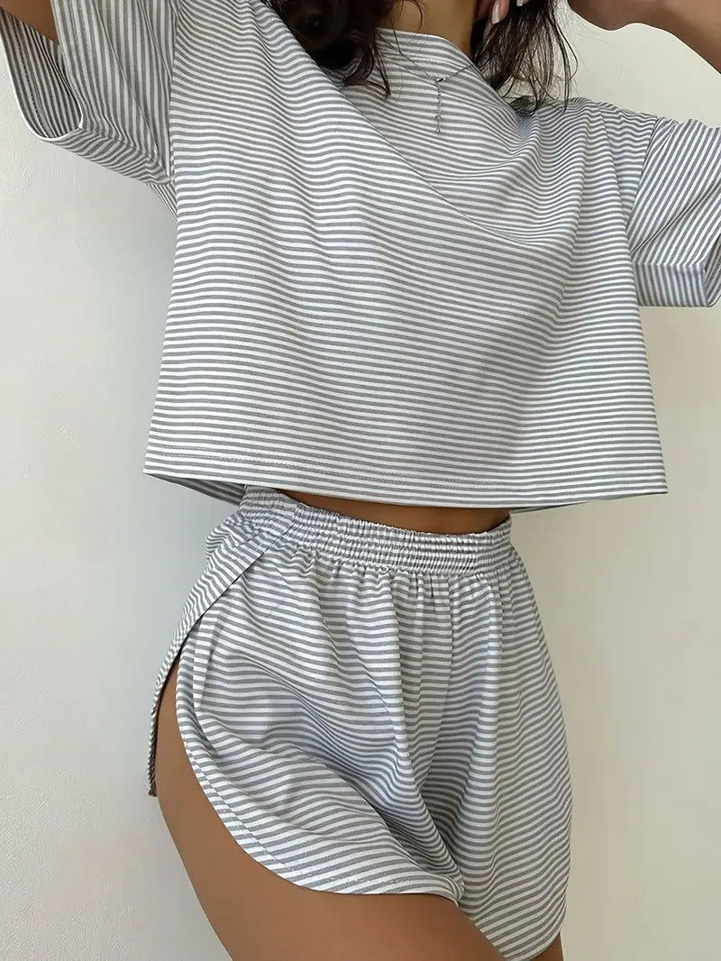 Women’s Casual Striped Set with High-Cut Design and Elastic Waistband Lisslune