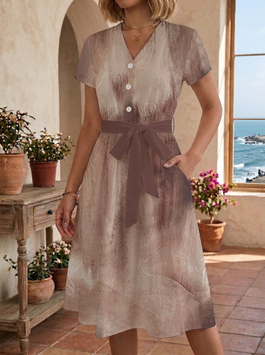 Women's Blooming Midi Dress with Adjustable Belt and Artistic Print Lisslune