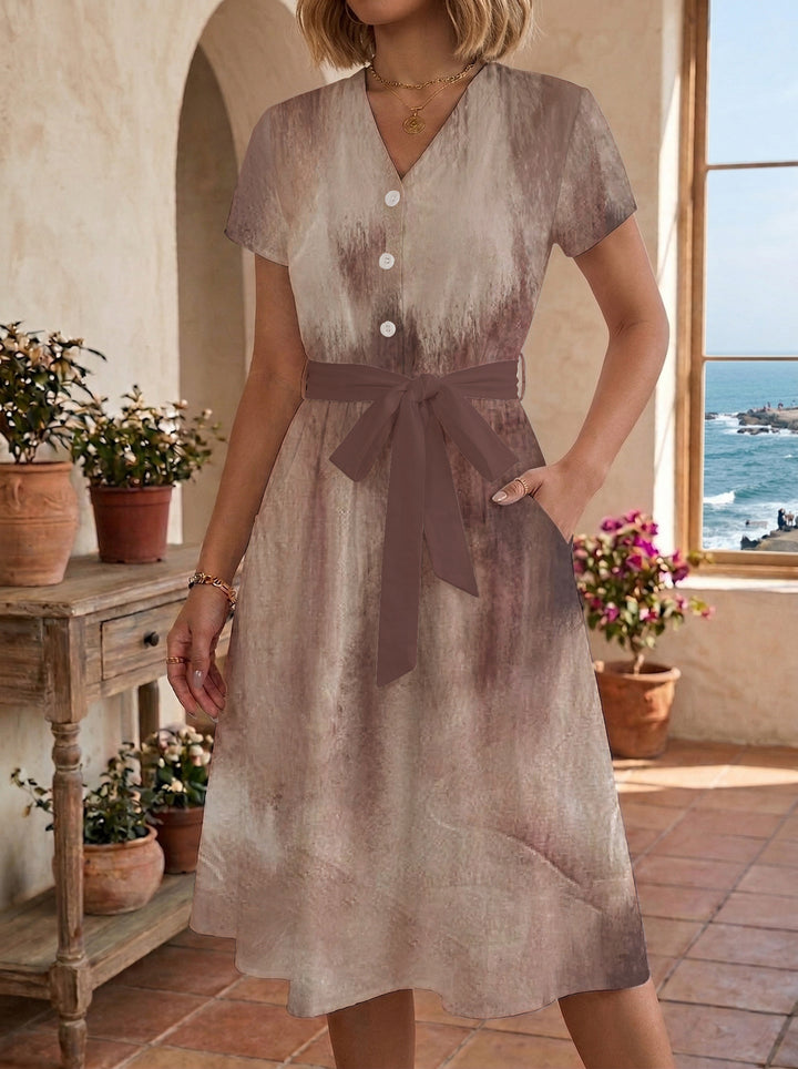Women's Blooming Midi Dress with Adjustable Belt and Artistic Print Lisslune