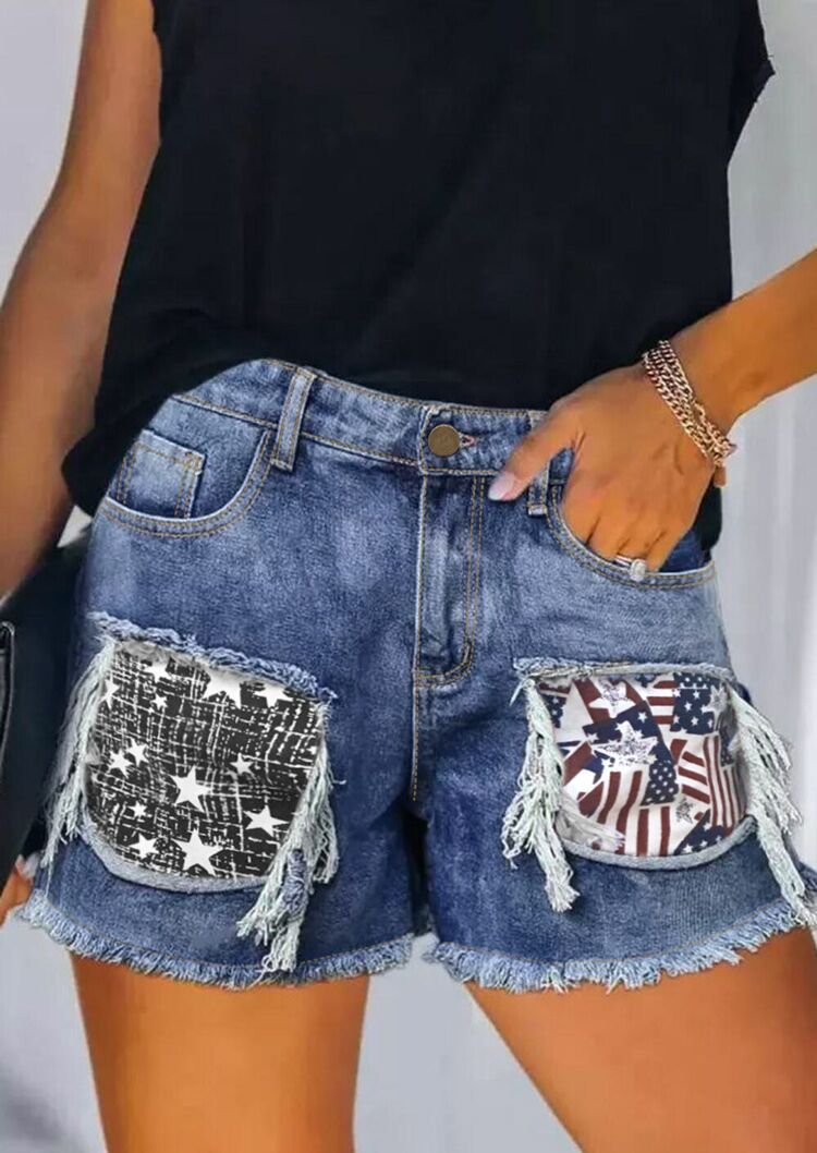 Women's destroyed denim shorts with frayed pockets and stylish patches Lisslune