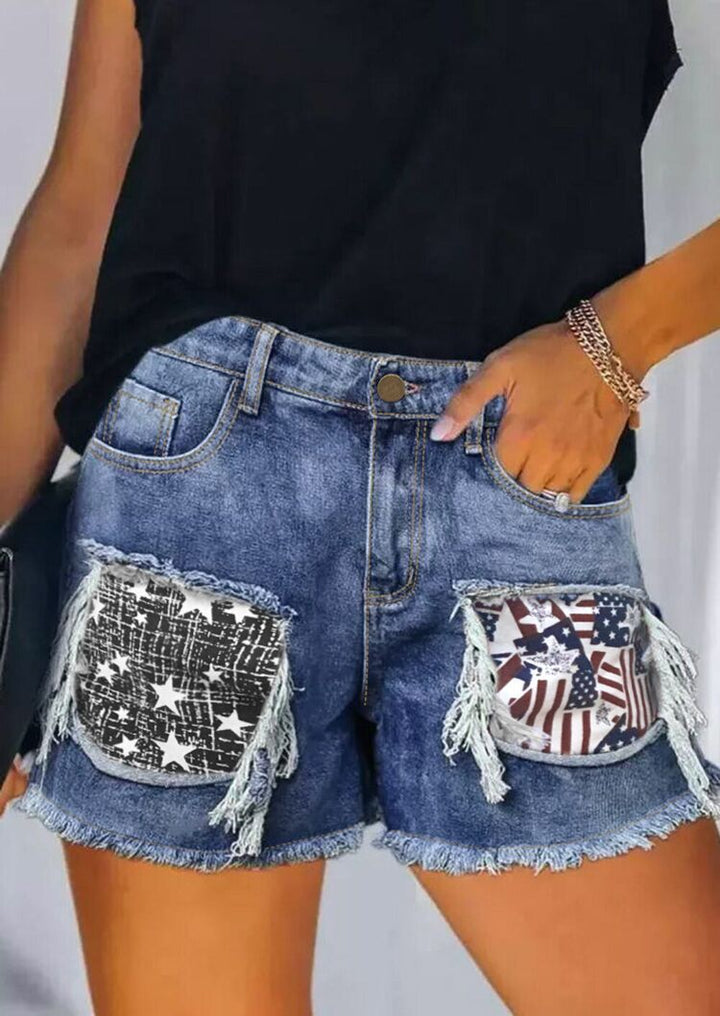Women's destroyed denim shorts with frayed pockets and stylish patches Lisslune