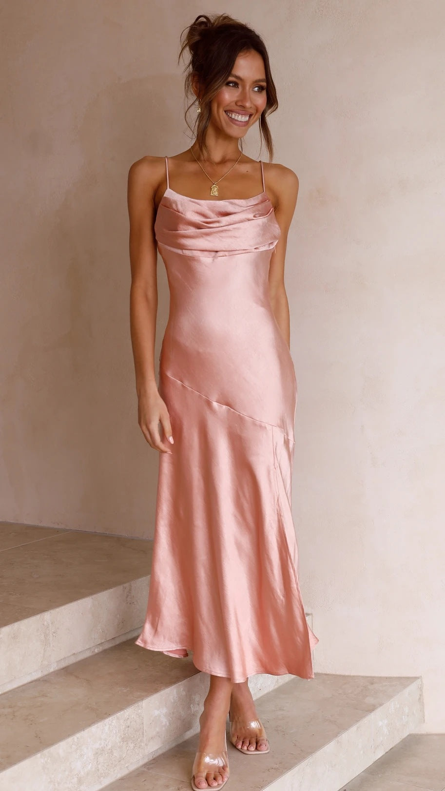Women's Satin Maxi Dress with Elegant Split and Adjustable Straps Lune London
