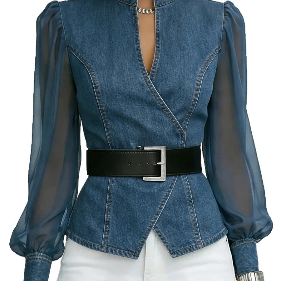 Women’s jeans blouse with transparent sleeves and tailored design Lisslune