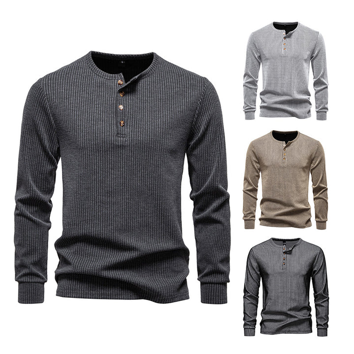 Men's Long Sleeve Henley Shirt with Textured Stripe Pattern Lisslune
