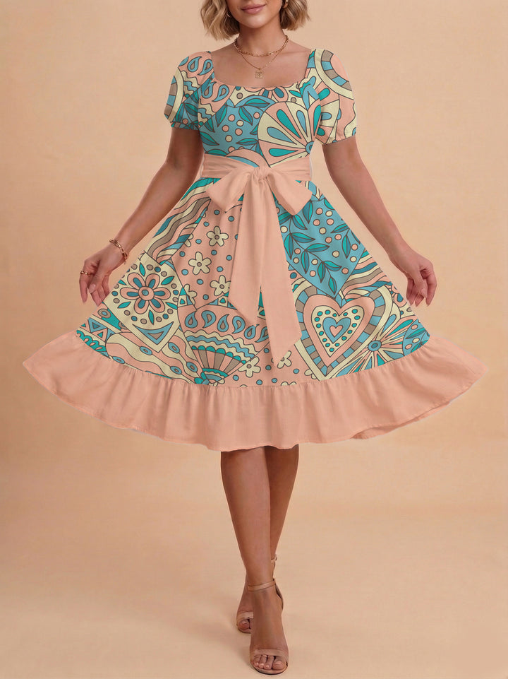 Women's elegant maxi dress with floral design and waist belt Lisslune
