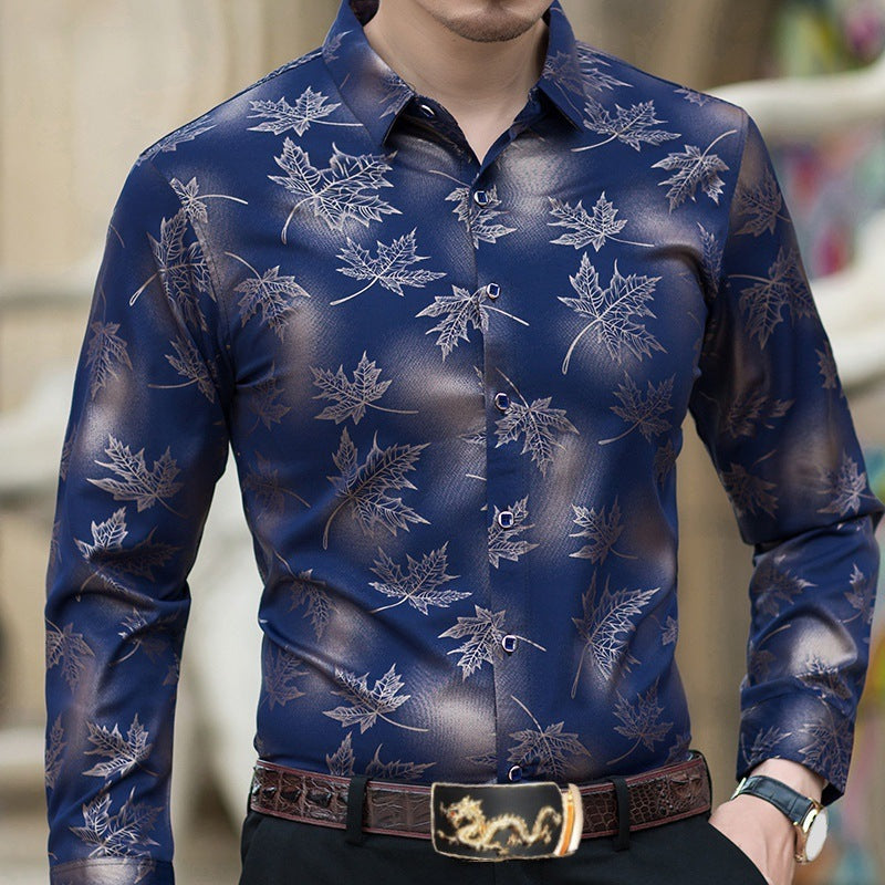Men's long-sleeve shirt with fine leaf pattern and elegant glossy finish Lisslune