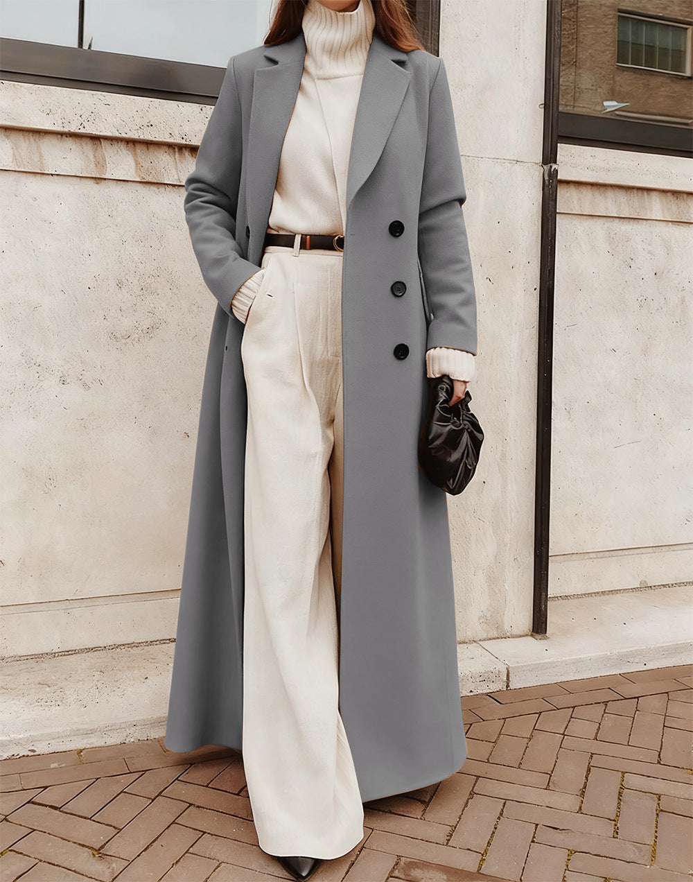 Ladies Elegant Wool Coat with Double Button Placket and Deep Pockets