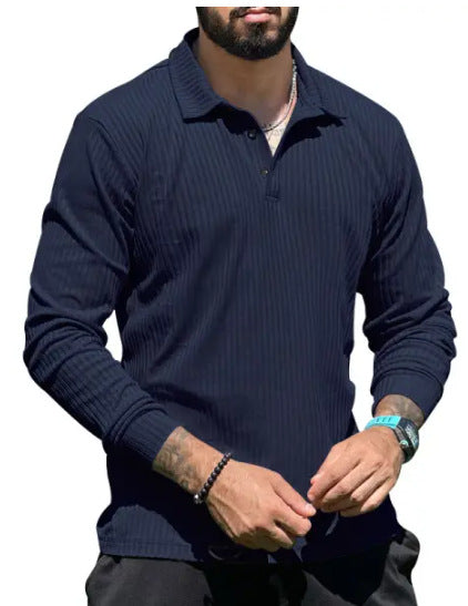Men's Long Sleeve Polo Shirt with Textured Rib Design and Modern Cut Lisslune