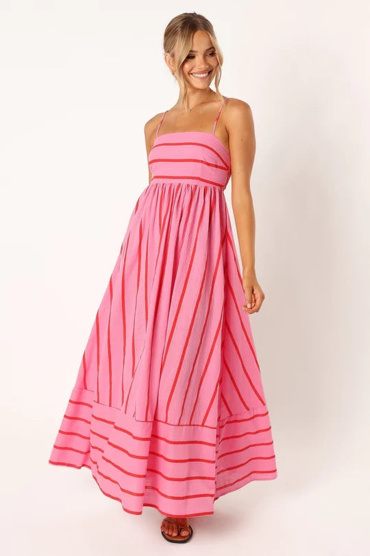 Women’s maxi dress with narrow spaghetti straps and elegant horizontal stripes Lune London
