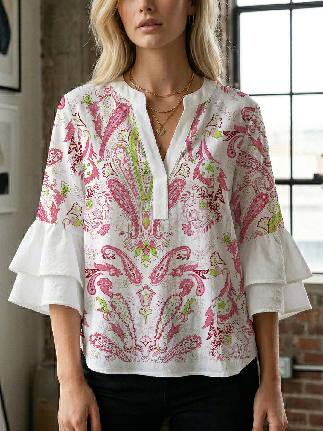 Ladies elegant top with voluminous ruffle hems and floral design Lisslune