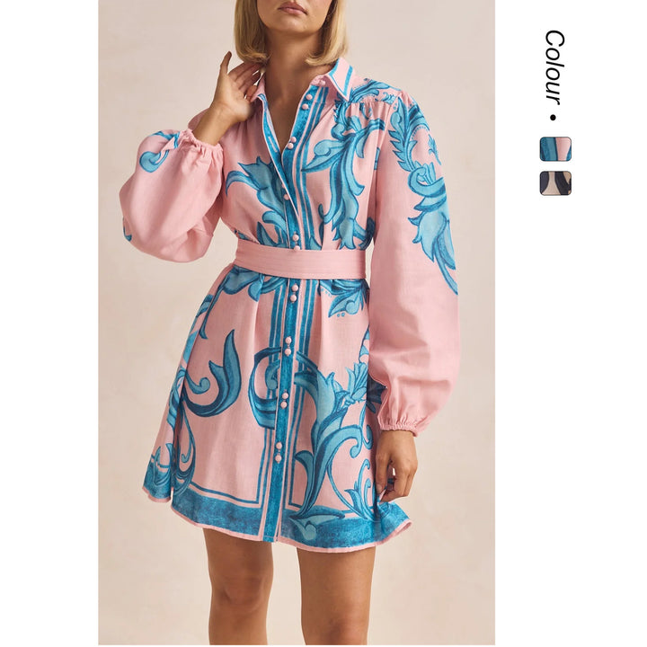 Ladies shirt dress with smooth puff sleeves and floral design