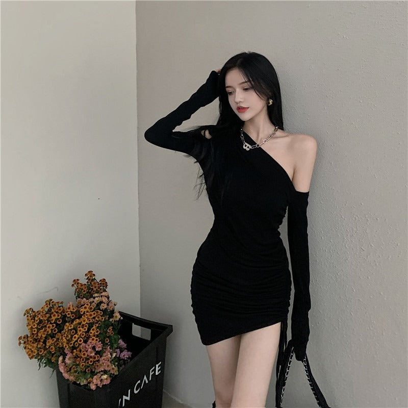 Women's Elegant Mini Dress with Asymmetrical Neckline and Figure-Hugging Gathering Effect