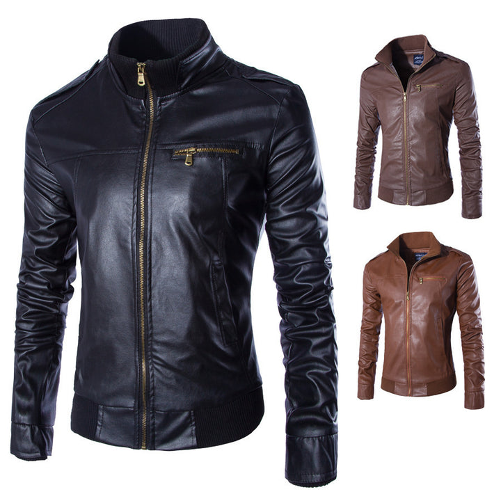 Men's fashionable synthetic leather jacket with zipper and fixed collar Lisslune