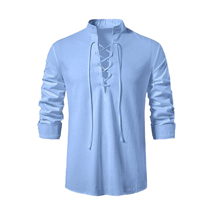 Men's casual long-sleeve shirt with innovative lacing and modern stand-up collar Lisslune