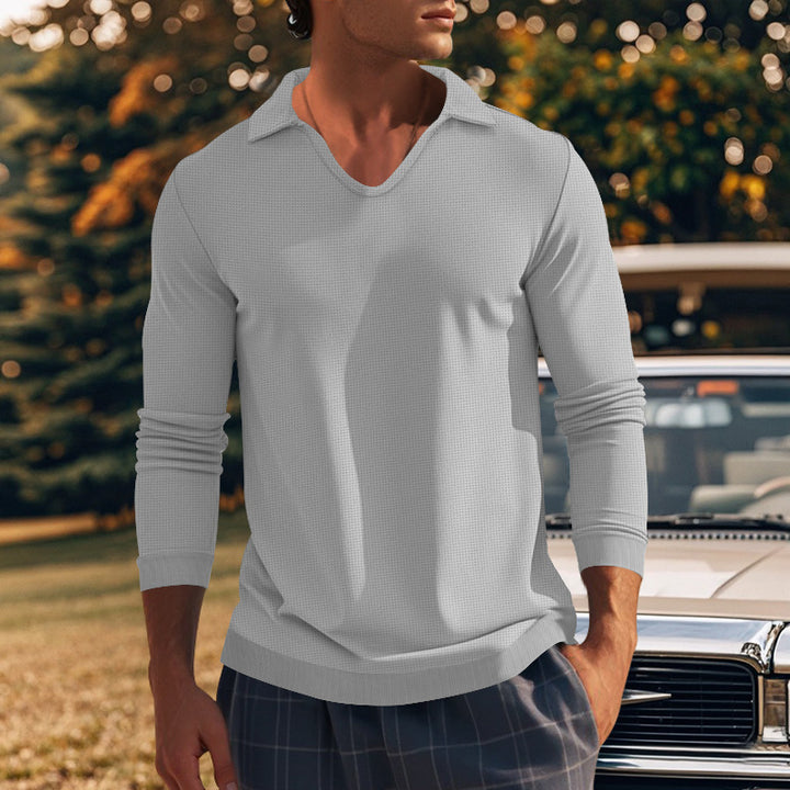 Men's Long Sleeve Shirt with Modern V-Neck and Textured Design Lisslune