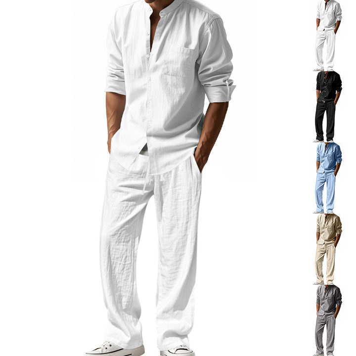 Men's casual linen outfit with button placket and elastic waistband Lisslune