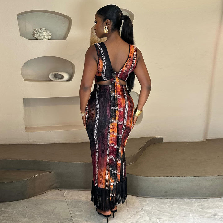 Women Two-Piece Festive Outfit with Fringed Details Lisslune
