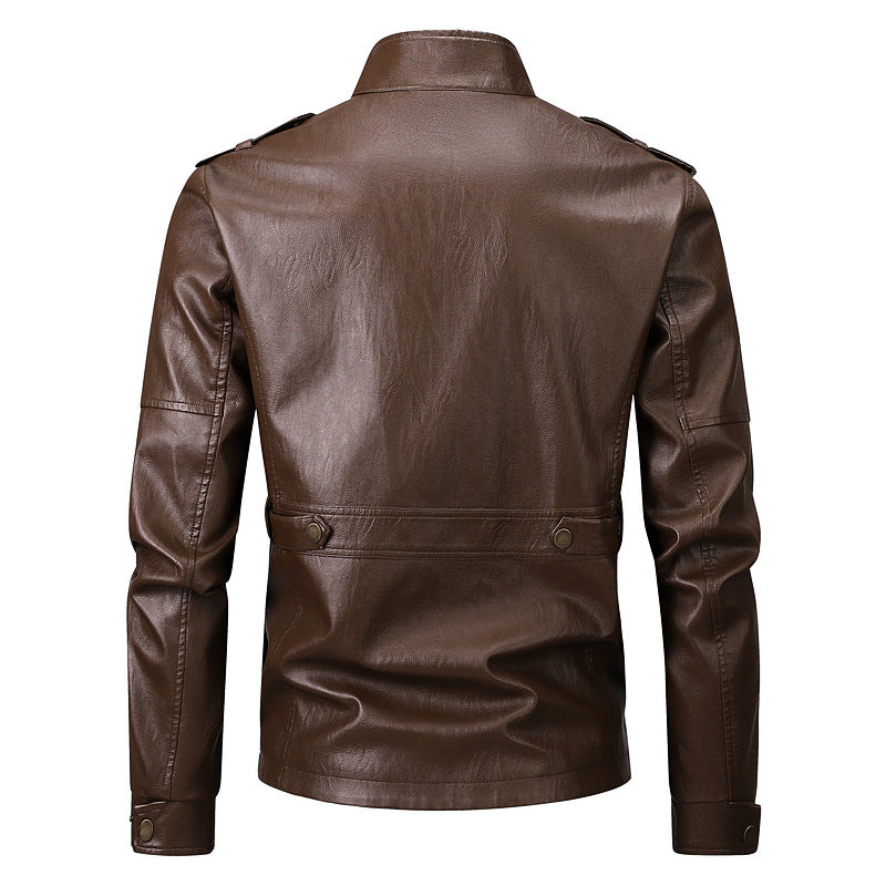 Men's synthetic leather jacket with practical pockets and modern stand-up collar Lisslune