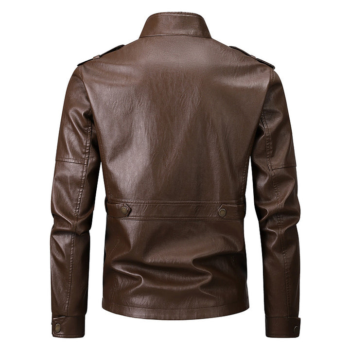 Men's synthetic leather jacket with practical pockets and modern stand-up collar Lisslune