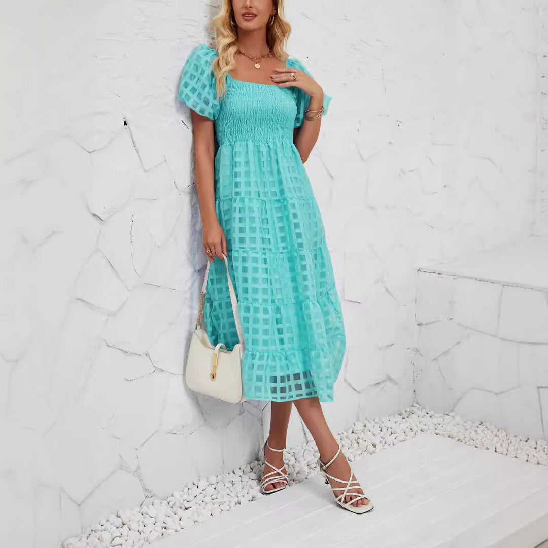 Women’s midi dress with puff sleeves and elastic waist belt Lisslune