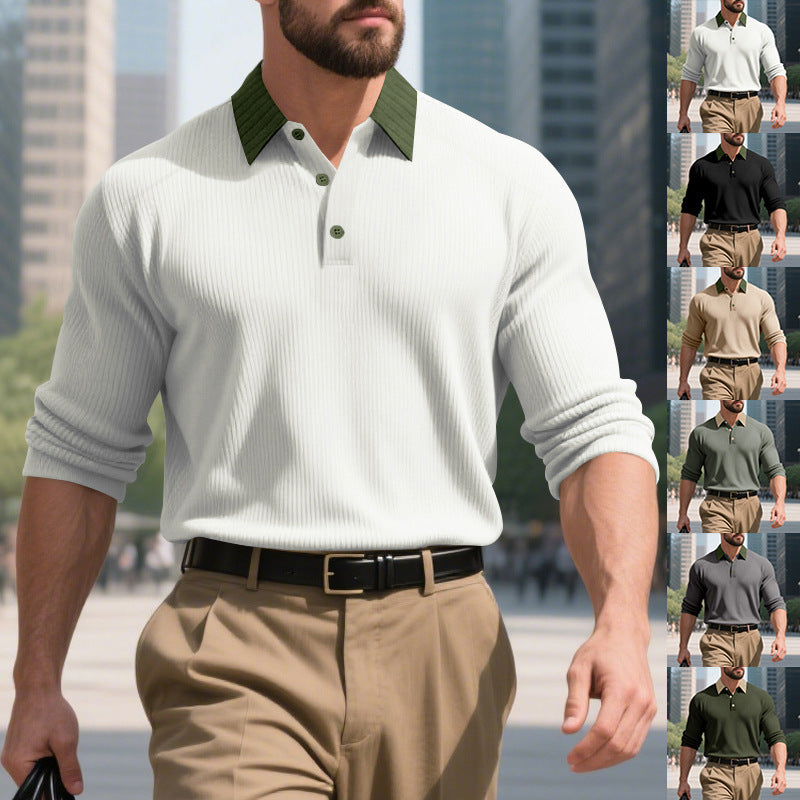 Men's long-sleeved polo shirt with textured design and classic collar Lisslune