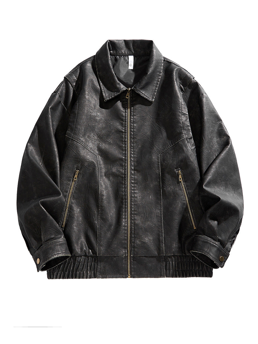 Men's cropped leather jacket with elastic waistband and Lisslune pockets