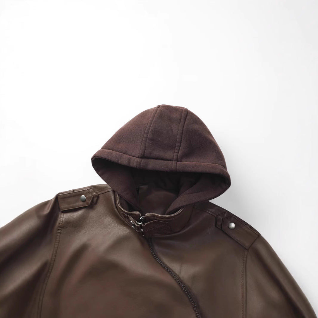 Men's synthetic leather jacket with detachable hood and multifunctional pockets Lisslune