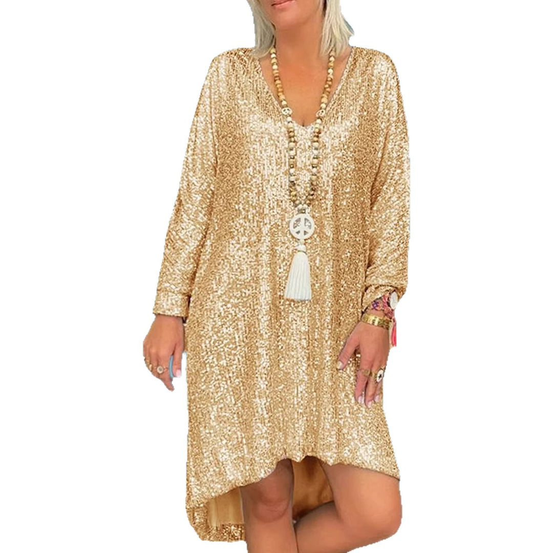 Ladies Sparkling Oversized Dress with V-Neck and Long Sleeves Lisslune