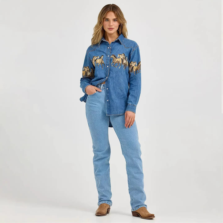 Ladies' denim shirt with creative horse design and high-quality cotton blend Lisslune