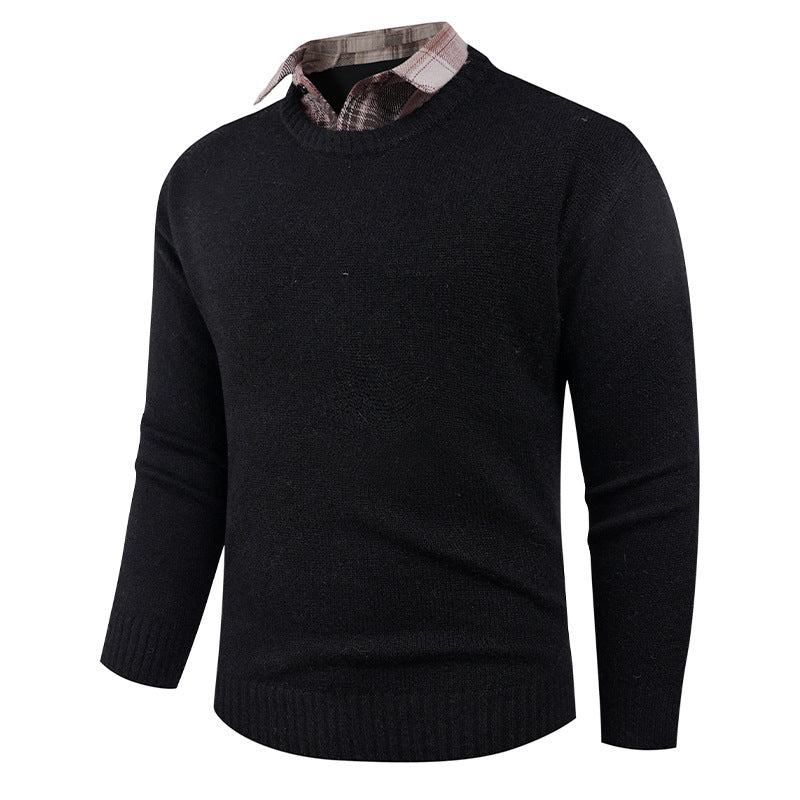 Men's Fine Crew Neck Sweater with Integrated Shirt Collar Lisslune