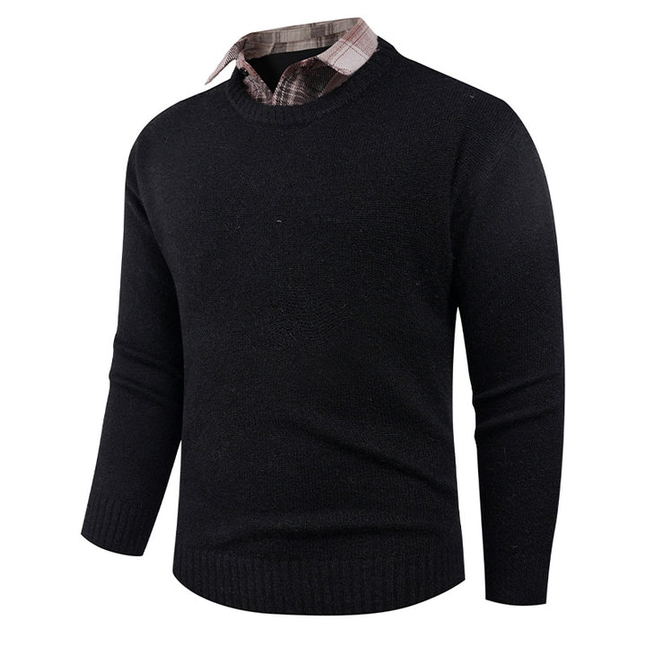 Men's Fine Crew Neck Sweater with Integrated Shirt Collar Lisslune
