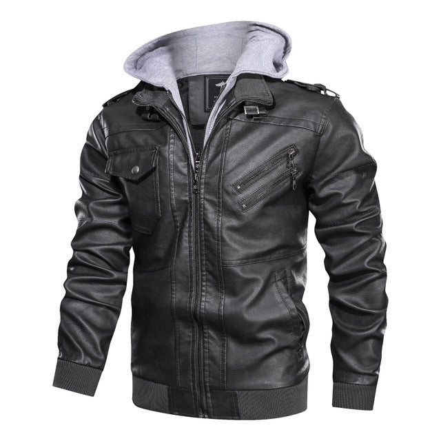 Men's casual leather jacket with detachable hood and functional pockets Lisslune
