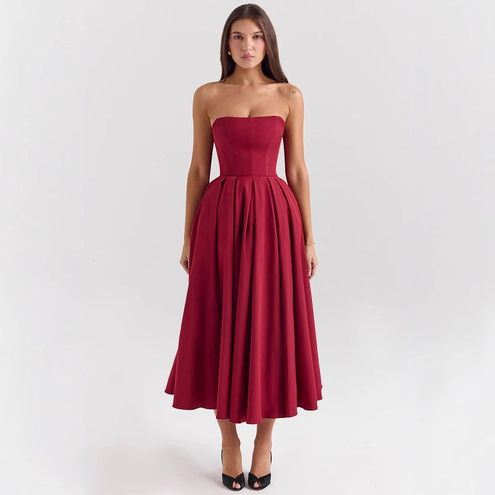 Women’s Waist-Reducing Midi Dress with Off-Shoulder Design and Elegant Pleated Structure
