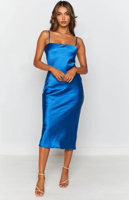Women's satin midi dress with narrow spaghetti straps and elegant cut Lune London