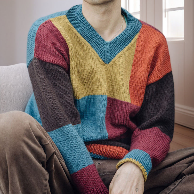 Men's patterned pullover with color block design and modern V-neck Lisslune