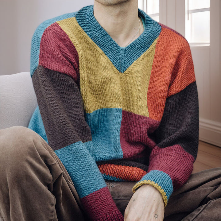 Men's patterned pullover with color block design and modern V-neck Lisslune