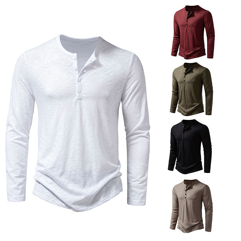 Men's Long Sleeve T-Shirt with Button Placket and Fashionable Stand-up Collar Lisslune