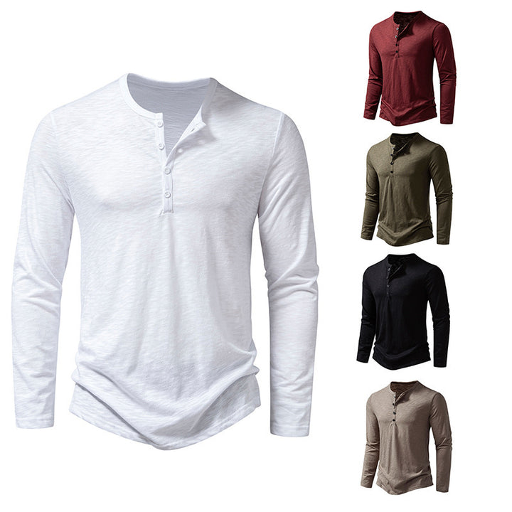 Men's Long Sleeve T-Shirt with Button Placket and Fashionable Stand-up Collar Lisslune