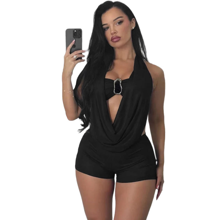 Damen Elegantes Jumpsuit mit tiefem V-Ausschnitt und dekorativem Ringdetail Lisslune