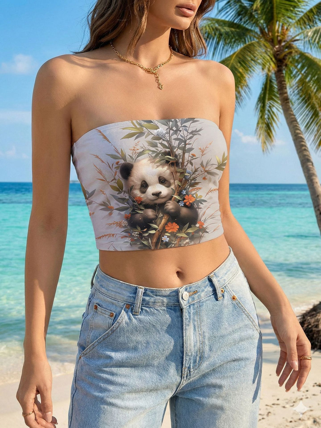 Women's bandeau top with floral bird motif and elastic fit Lisslune