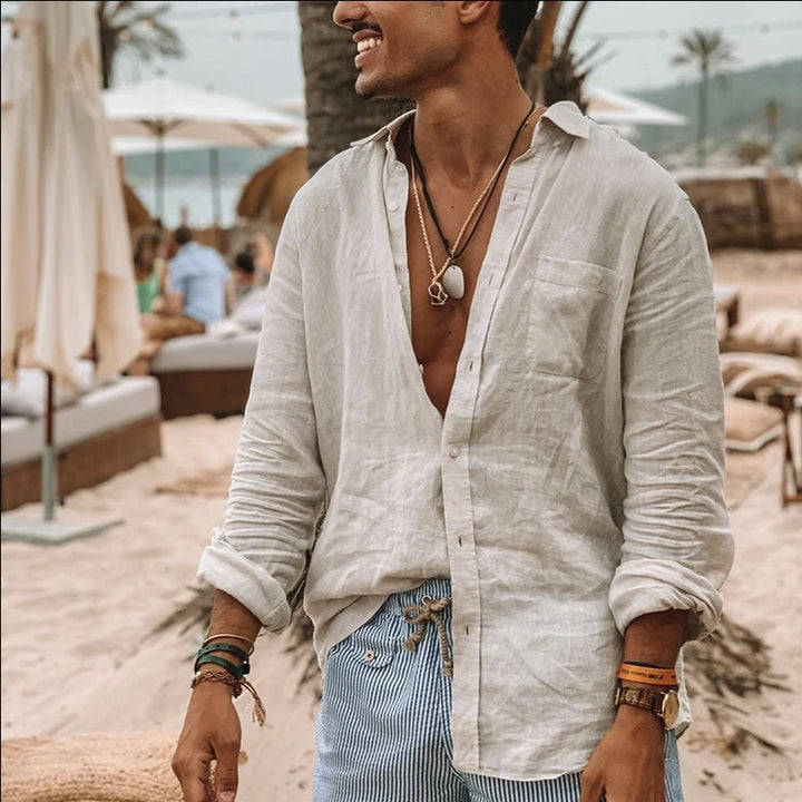Men's Light Linen Shirt with Open Button Placket and Casual Cut Lisslune