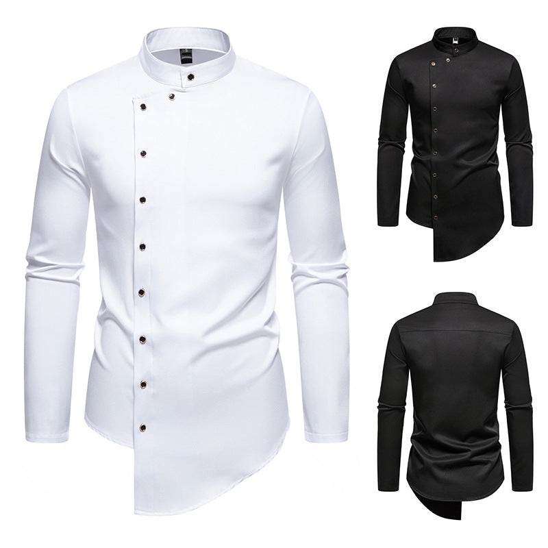 Men's modern cut long-sleeve shirt with asymmetrical button placket and stand collar Lisslune