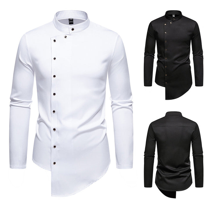 Men's modern cut long-sleeve shirt with asymmetrical button placket and stand collar Lisslune