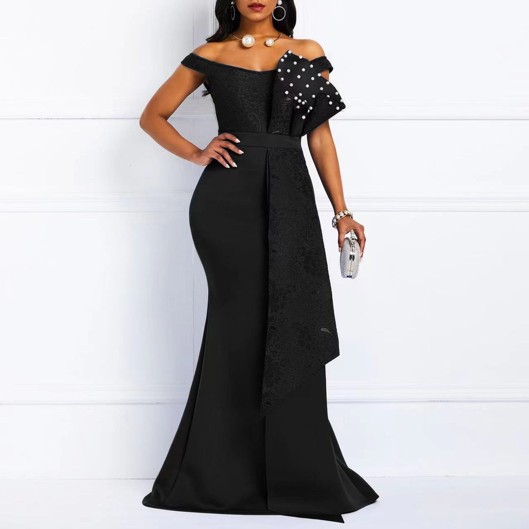 Women's evening maxi dress with off-shoulder design and luxurious lace appliqués Lisslune