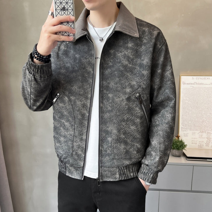 Men's fashionable synthetic leather jacket with stylish stand-up collar and practical pockets Lisslune