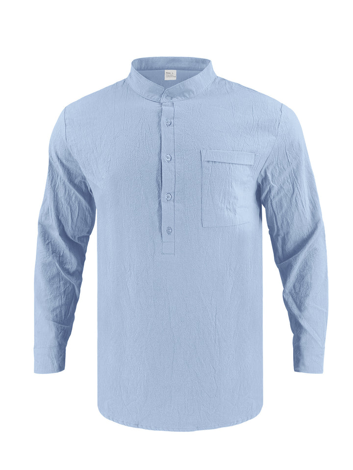 Men's Casual Long Sleeve Shirt with Stand-Up Collar and Practical Chest Pocket Lisslune