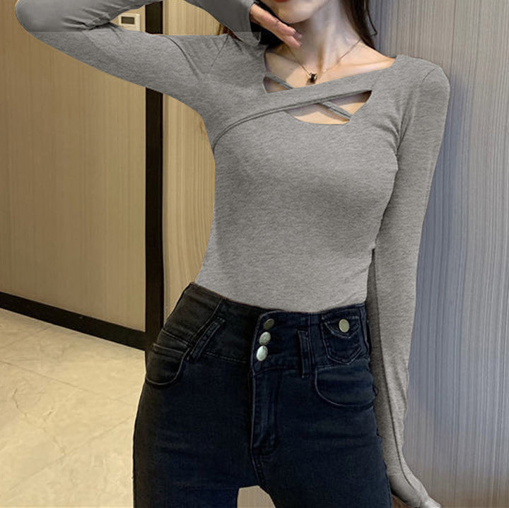 Women's Long Sleeve Bodysuit with Modern Cross Design in the Neckline