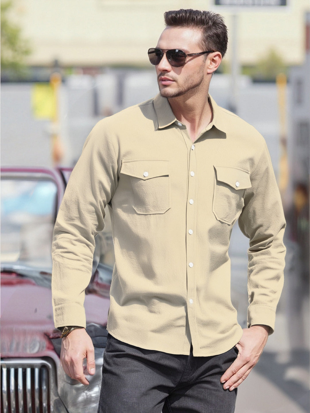 Men's Casual Long Sleeve Shirt with Practical Chest Pockets and Modern Cut Lisslune