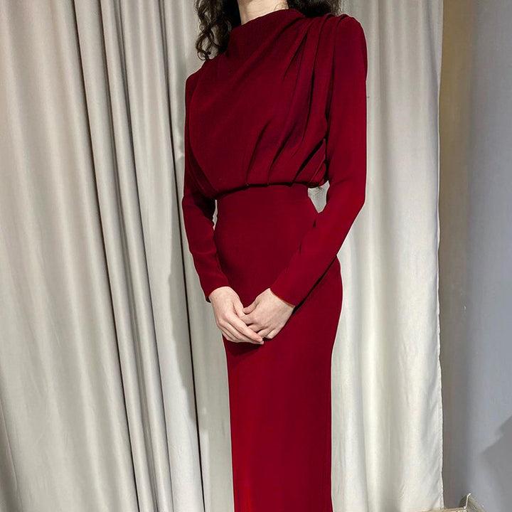 Damen Elegantes Langarm-Maxi-Kleid mit raffinierter Drapierung und hohem Kragen Lisslune